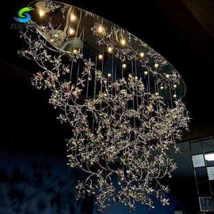 花朵水晶树枝装饰吊灯轻奢餐厅高档大气客厅复式别墅挑空楼梯灯具