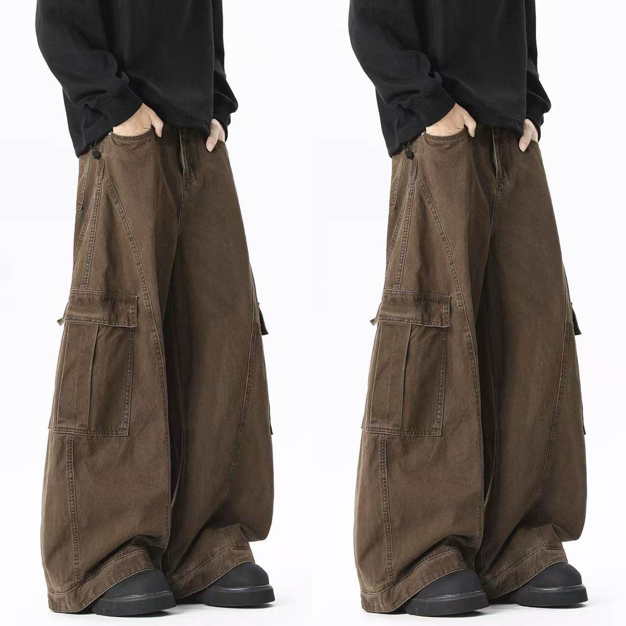 轩罕轩罕美式工装裤男款加绒棕色复古阔腿多口袋宽松垂感弯刀裤子,男装,休闲裤,淘宝优惠券,粉丝福利购,淘宝优惠卷
