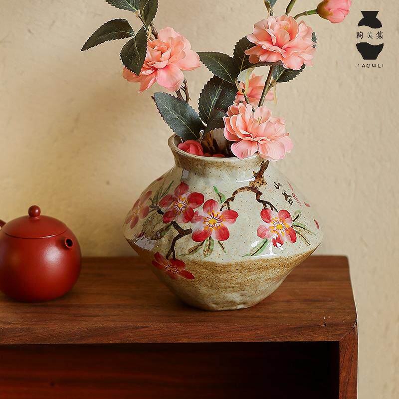山谷 中式粗陶花瓶手绘桃花插花水培花器客厅玄关电视柜装饰摆件