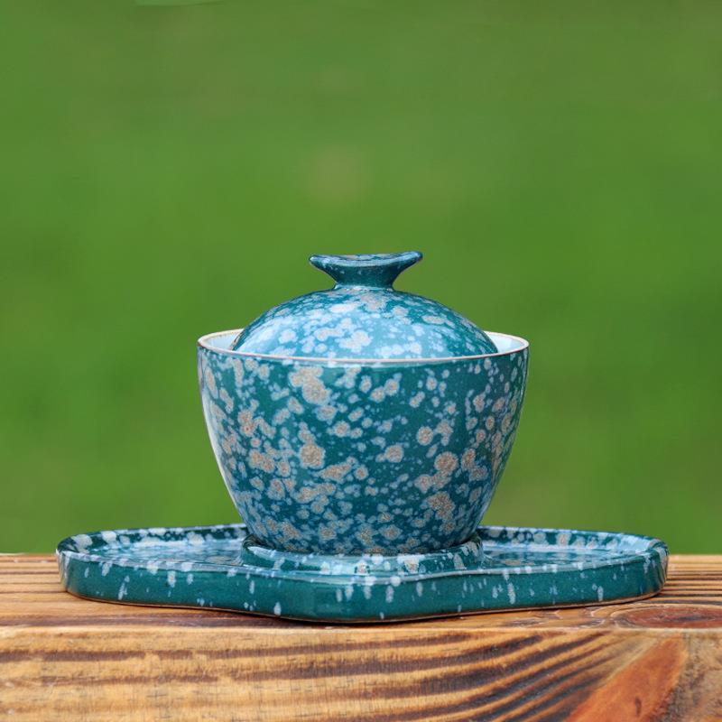 粗陶蓝天目拔云见日大号码盖碗窑变釉敬茶杯三才杯茶备陶瓷茶碗