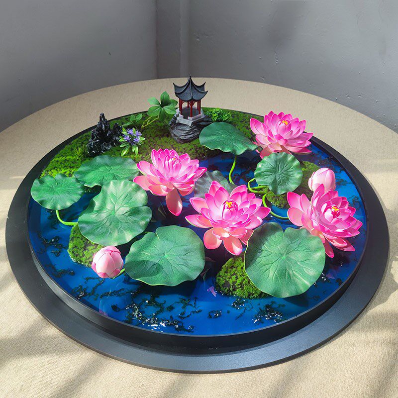 高端中式酒店大圆桌摆花餐桌转盘中间摆件装饰品餐厅桌面摆设荷花