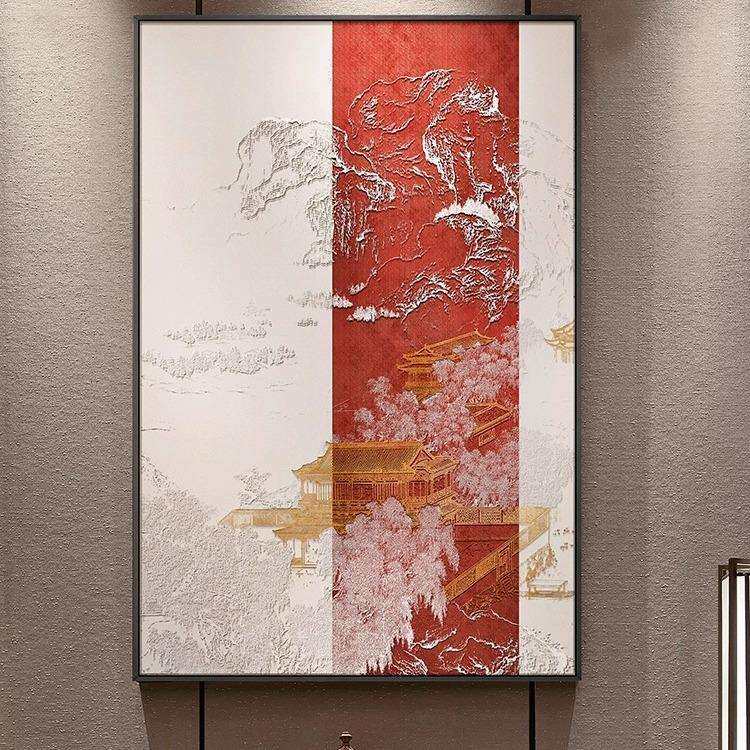 入户玄关立体浮雕挂画酒店过道壁画新中式山水楼阁高档大气装饰画