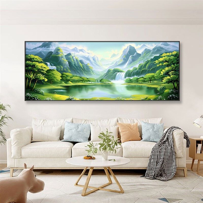 青山绿水聚宝盆装饰画客厅沙发背景墙山水挂画流水生财壁画靠山图