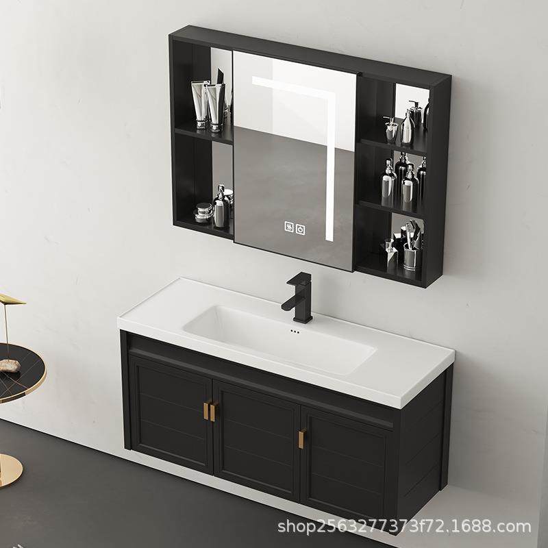太空铝浴室柜洗手脸柜黑色白色一体陶瓷盆36宽吊柜美妆智能铝吊柜