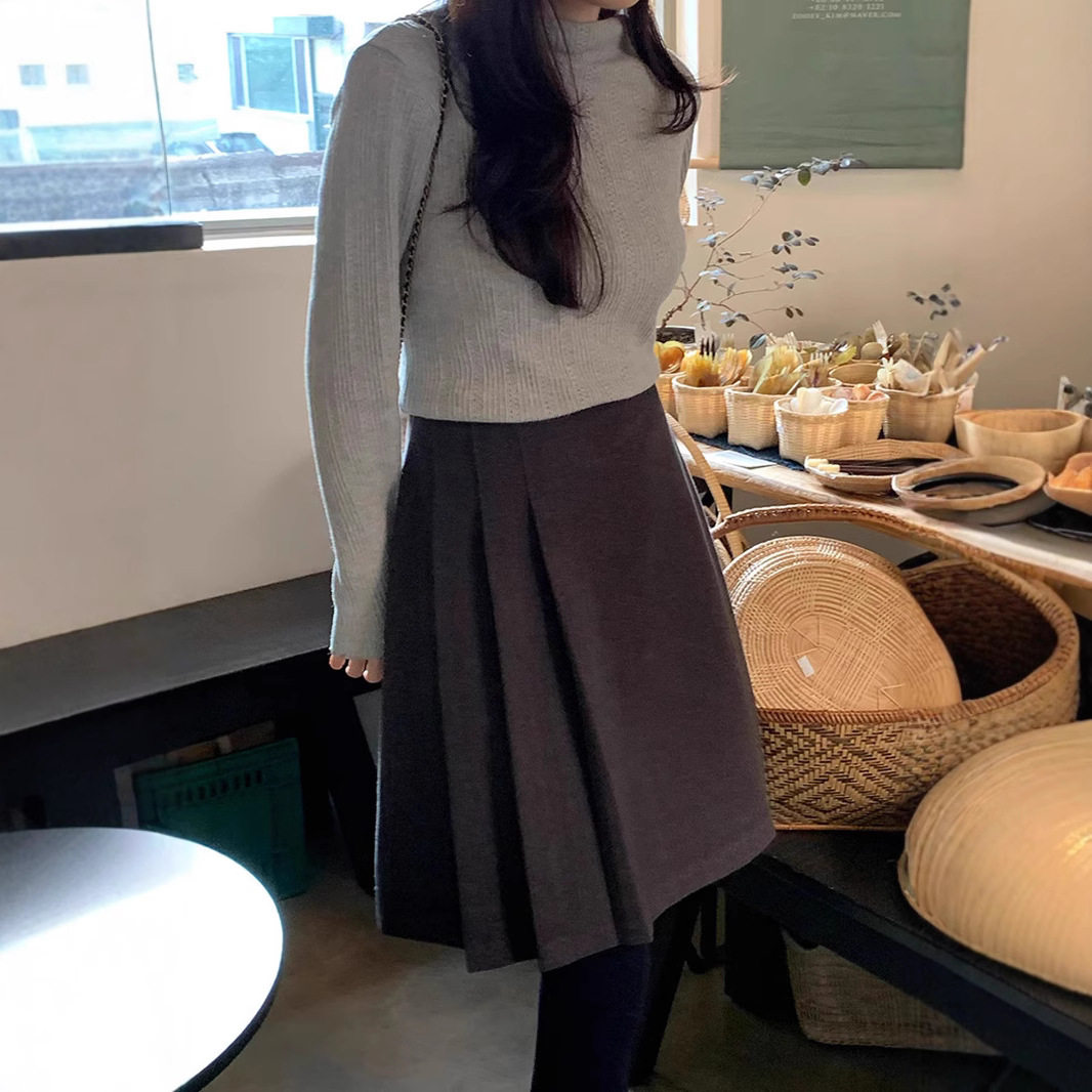 毛呢百褶半身裙女士秋冬新款高腰遮跨A字裙小个子显瘦呢子短裙子