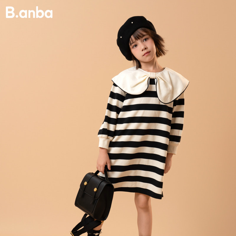 半芭女童连衣裙2026春季新款洋气长袖条纹蝴蝶结大翻领小女孩裙子