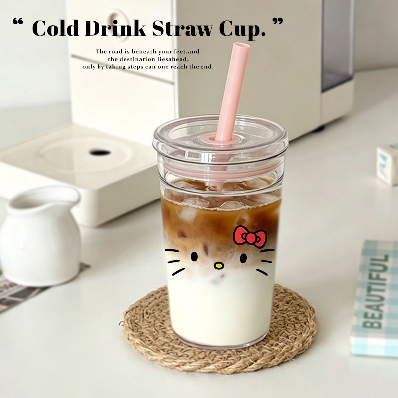 可爱卡通吸管杯大容量PC材质水杯配粉色吸管学生办公450ml透明杯图片