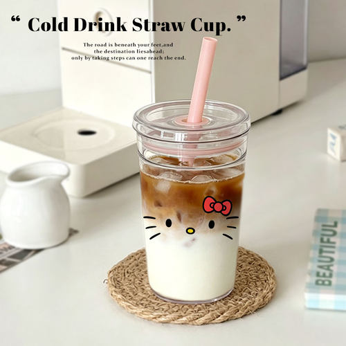 可爱卡通吸管杯大容量PC材质水杯配粉色吸管学生办公450ml透明杯