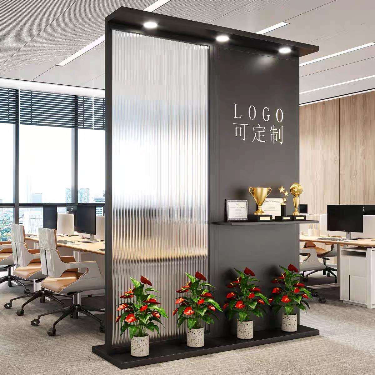 玻璃铁艺办公室logo屏风隔断公司玄关前台铁艺背景遮挡形象墙隔断