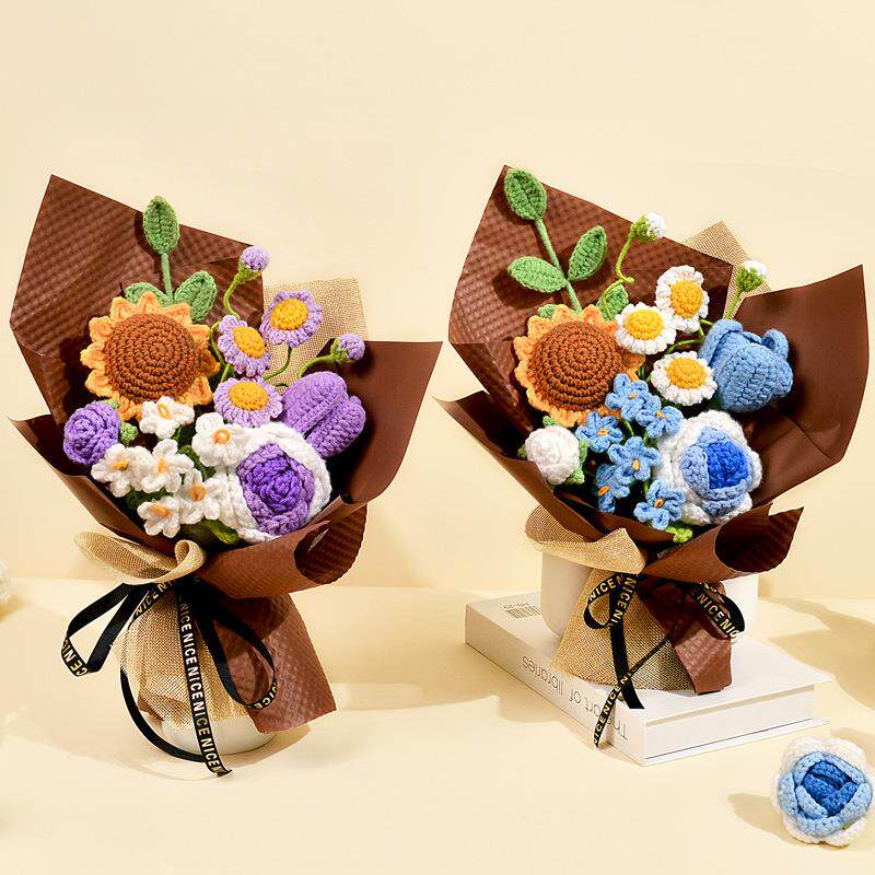 针织花毛线花成品手工编织仿真花假花向日葵玫瑰花束外贸跨境