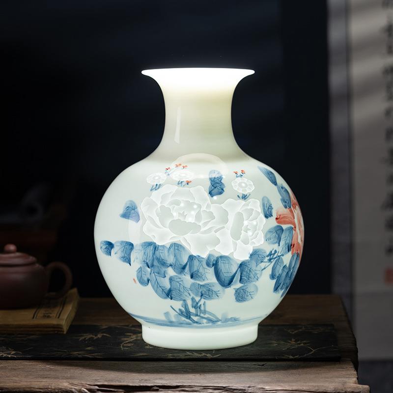景德镇高档手绘国色天香薄胎花瓶创意玲珑陶瓷瓶子透光插花瓶送礼