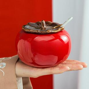 好柿长红辣椒油罐陶瓷调味罐调料盐罐子厨房带盖勺油泼辣子油瓷罐