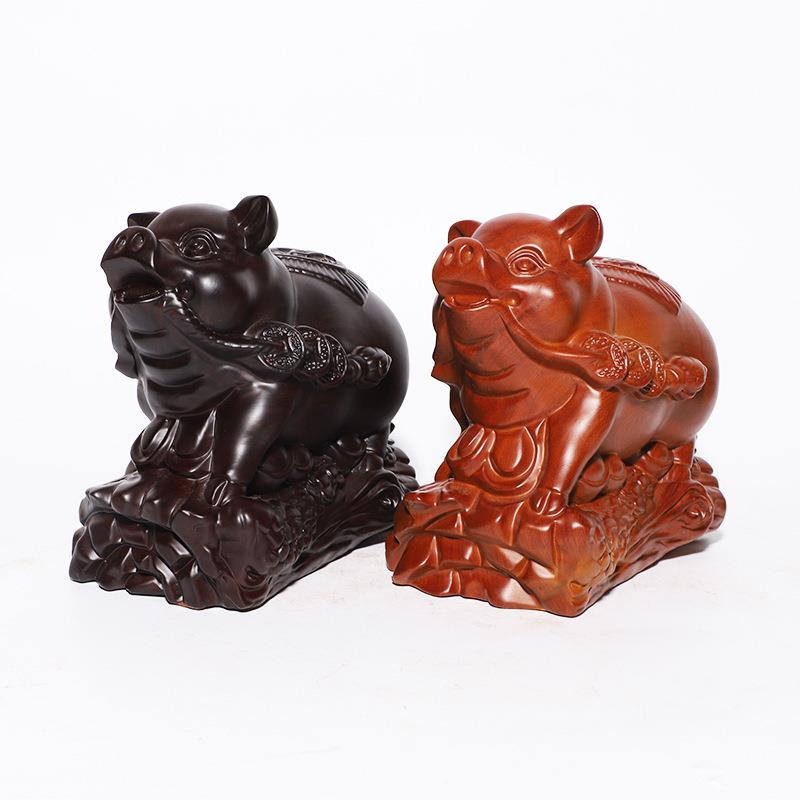 实木雕刻猪摆件工艺品创意手工生肖猪客厅玄关酒柜前台装饰品
