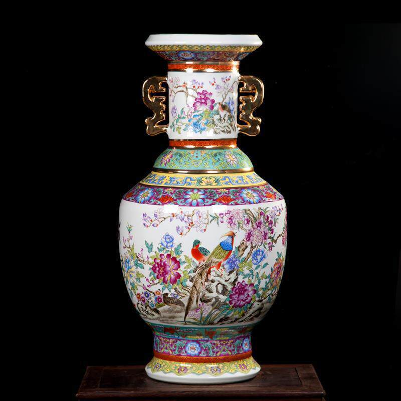 景德镇陶瓷器高档仿古描金粉彩花鸟花瓶工艺品家饰客厅时尚摆件