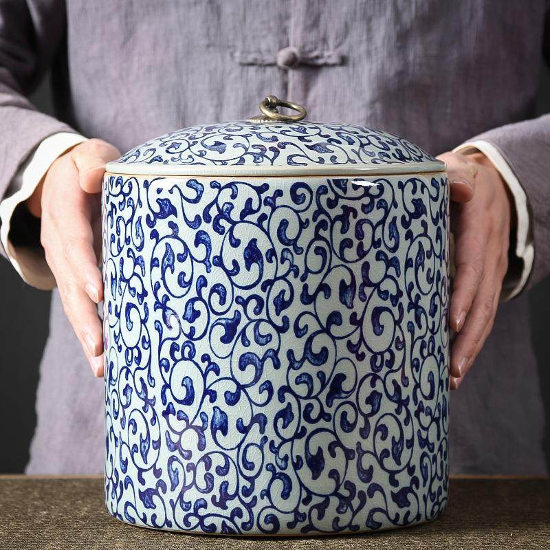 特大号青花瓷茶叶罐陶瓷密封罐普洱七子饼储藏罐茶缸七饼装