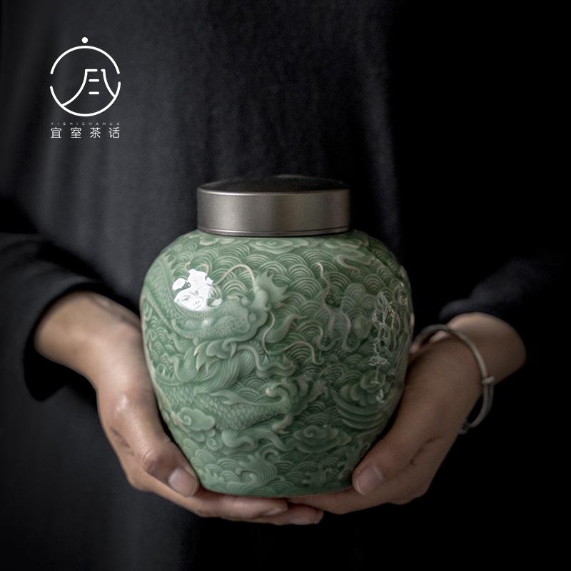复古青瓷茶叶罐双层锡盖密封罐 手工浮雕茶罐茶仓储物罐茶道配件