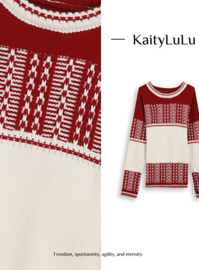 KaityLuLu【挪威雪季】 圆领撞色套头针织毛衣KL113D062