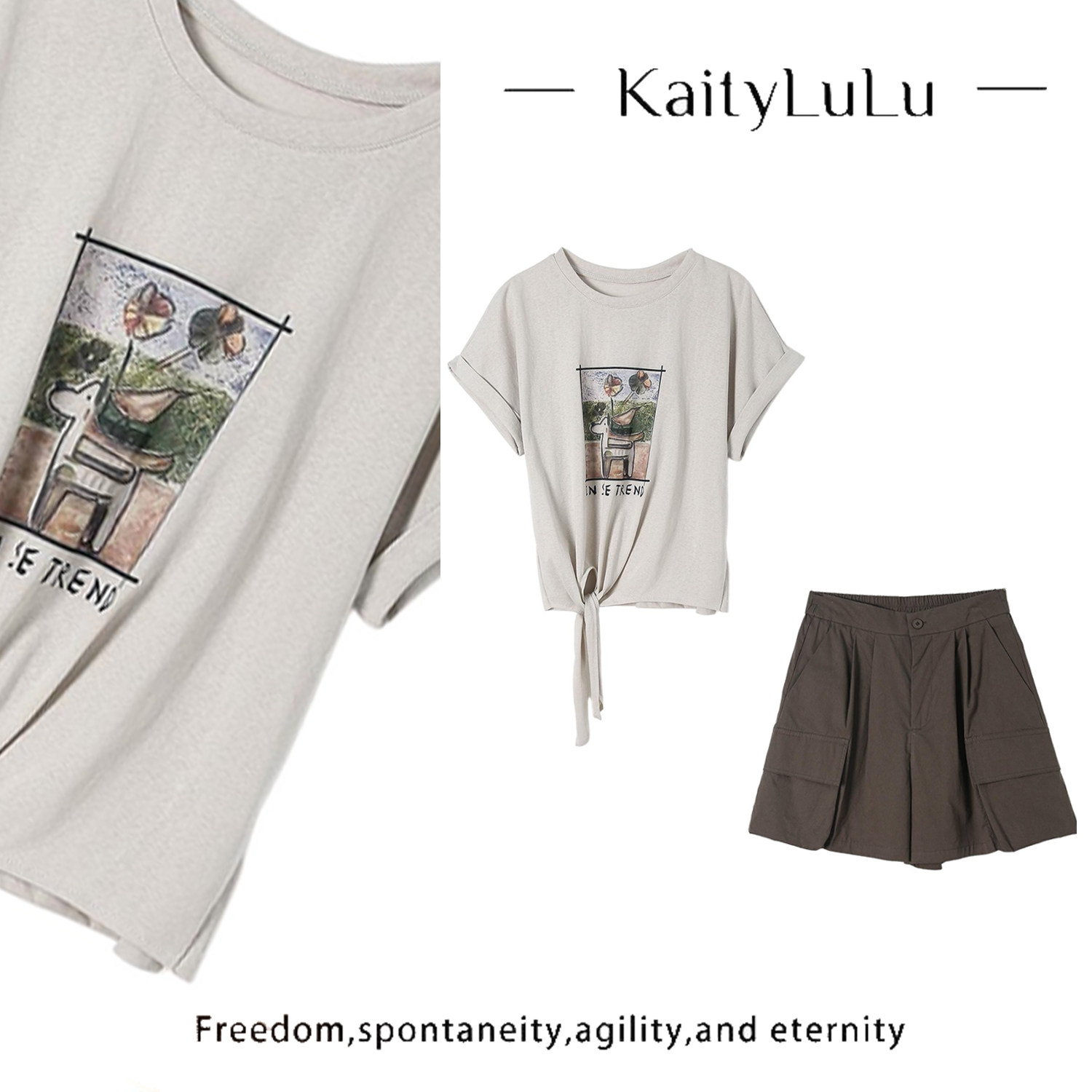 KaityLuLu【暮色花蝶】简约圆领百搭短袖KT528X73