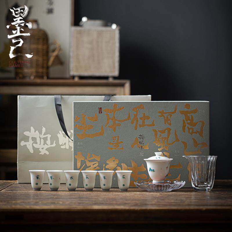 墨己 按时喝茶系列 玉泥甜白手绘茶具套装 文人器茶室用 整套茶具