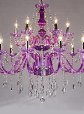 12+6双层紫色水晶吊灯真2层18头紫色玻璃吊灯蜡烛灯适合婚庆 KTV
