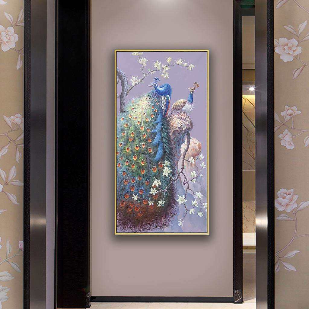 新中式手绘孔雀油画玄关装饰画客厅挂画美式过道竖版高端入户壁画