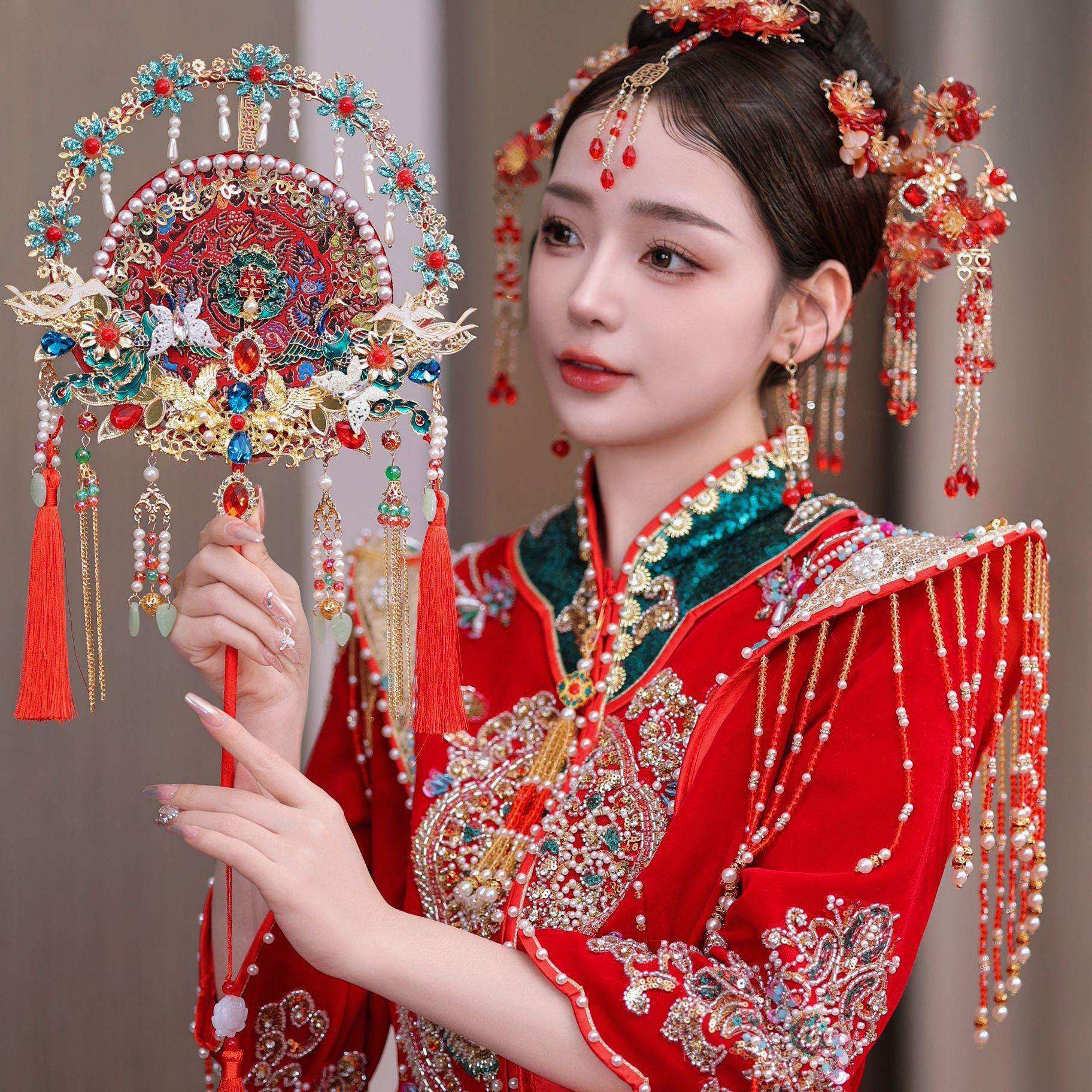 红色蕾丝新娘结婚秀禾服团扇新中式双面成品遮面金色成品喜扇团扇,鲜花速递/花卉仿真/绿植园艺,割草机/草坪机,淘宝优惠券,粉丝福利购,淘宝优惠卷