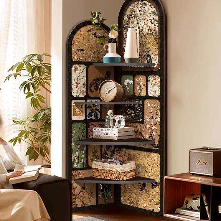 中古风墙角转角柜落地摆件客厅电视柜边转角置物架多层柜一体靠墙