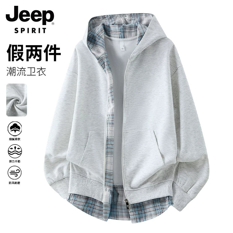 JEEP SPIRIT美式拼接格子假两件外套男女秋冬季加绒加厚情侣卫衣