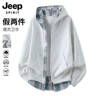 JEEP SPIRIT美式拼接格子假两件外套男女秋冬季加绒加厚情侣卫衣