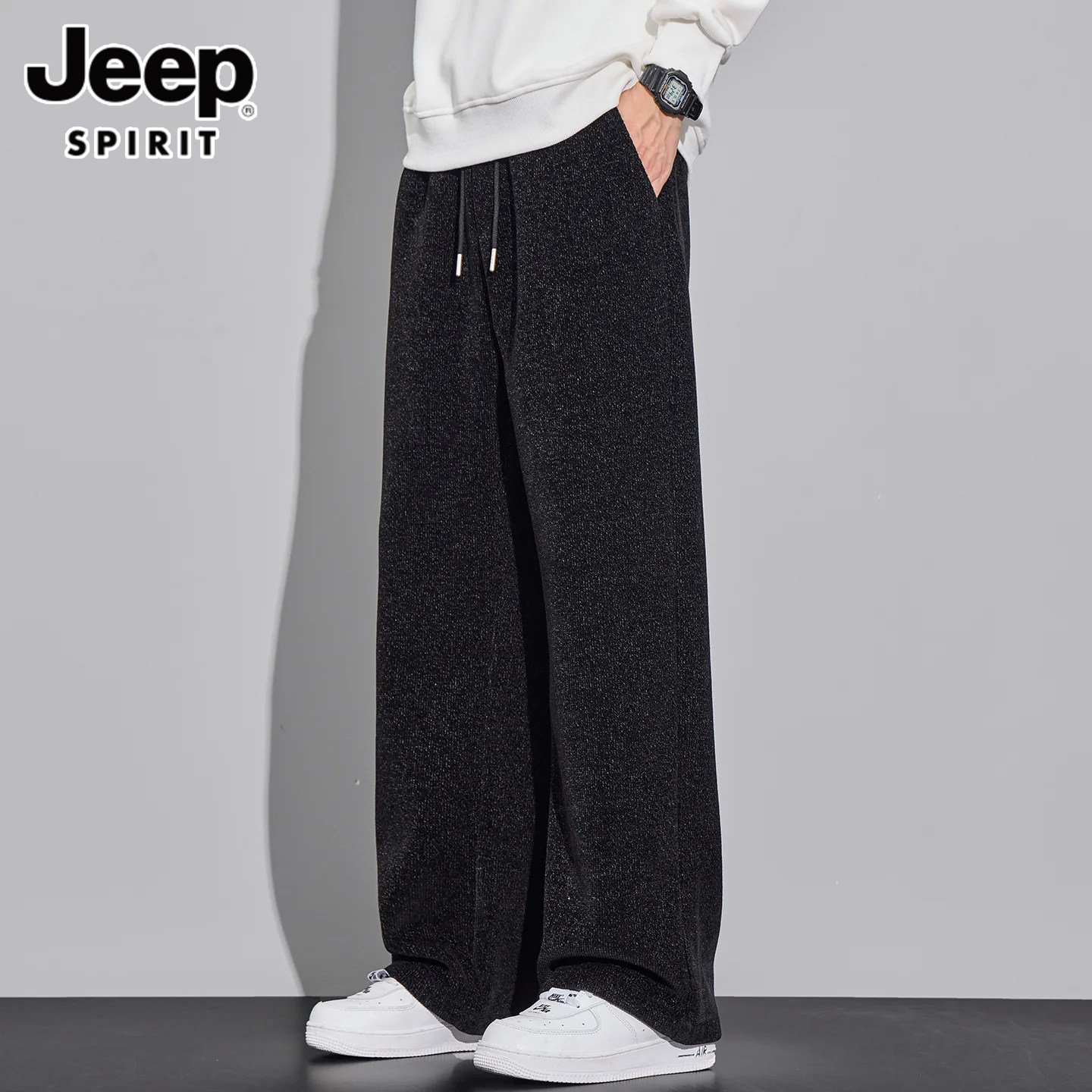 JEEP SPIRIT雪尼尔竖条纹休闲裤潮流百搭宽松直筒垂感抽绳运动裤