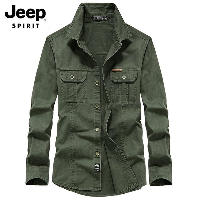 JEEP SPIRIT秋季长袖衬衫男士纯棉新款工装多袋休闲宽松水洗衬衣