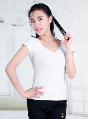 棉氨前V抽带鸡翼袖上衣舞蹈服女装练功服短袖T恤半袖38502