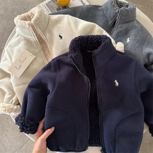 儿童羊羔绒外套男冬季小童加绒夹克纯色洋气宝宝韩版上衣女加厚