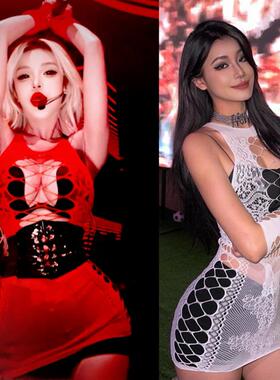 酒吧夜场ABgogo领舞服DSDJ演出服女性感黑色白色渔网镂空短裙手套