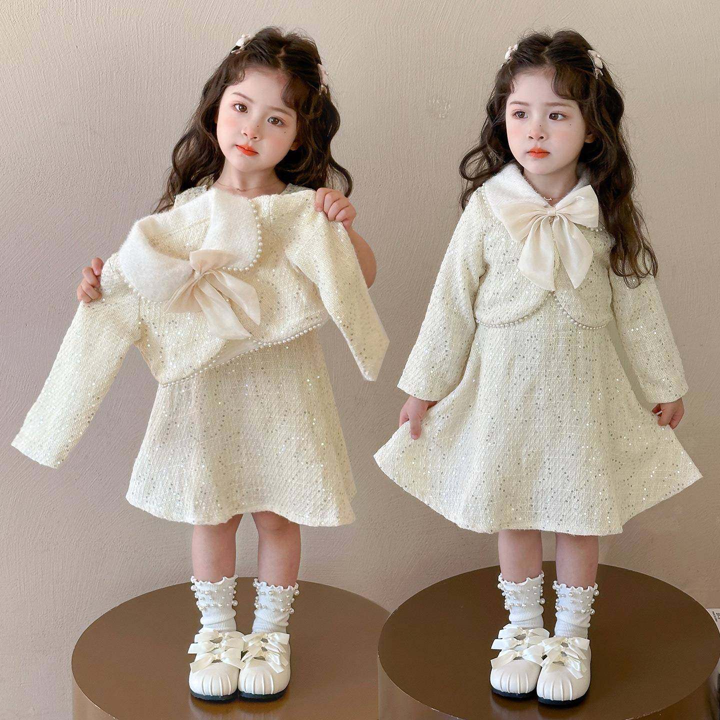 2026新款女童小香风连衣裙春秋装冬款公主风蝴蝶结背心裙套装