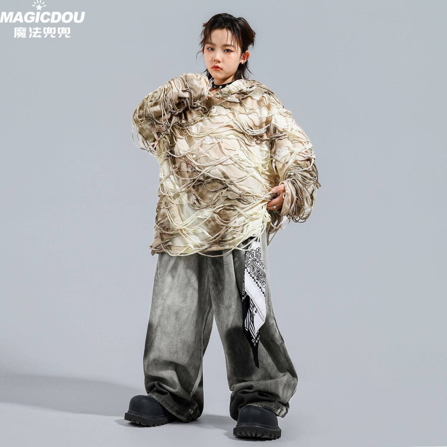 2026新款街舞儿童潮服嘻哈少儿hiphop卡其破洞卫衣套装潮酷