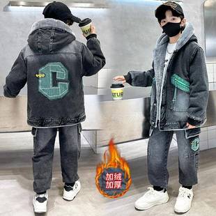 2026新款男童秋冬装加绒外套酷帅韩版中大童冬季加厚牛仔衣服