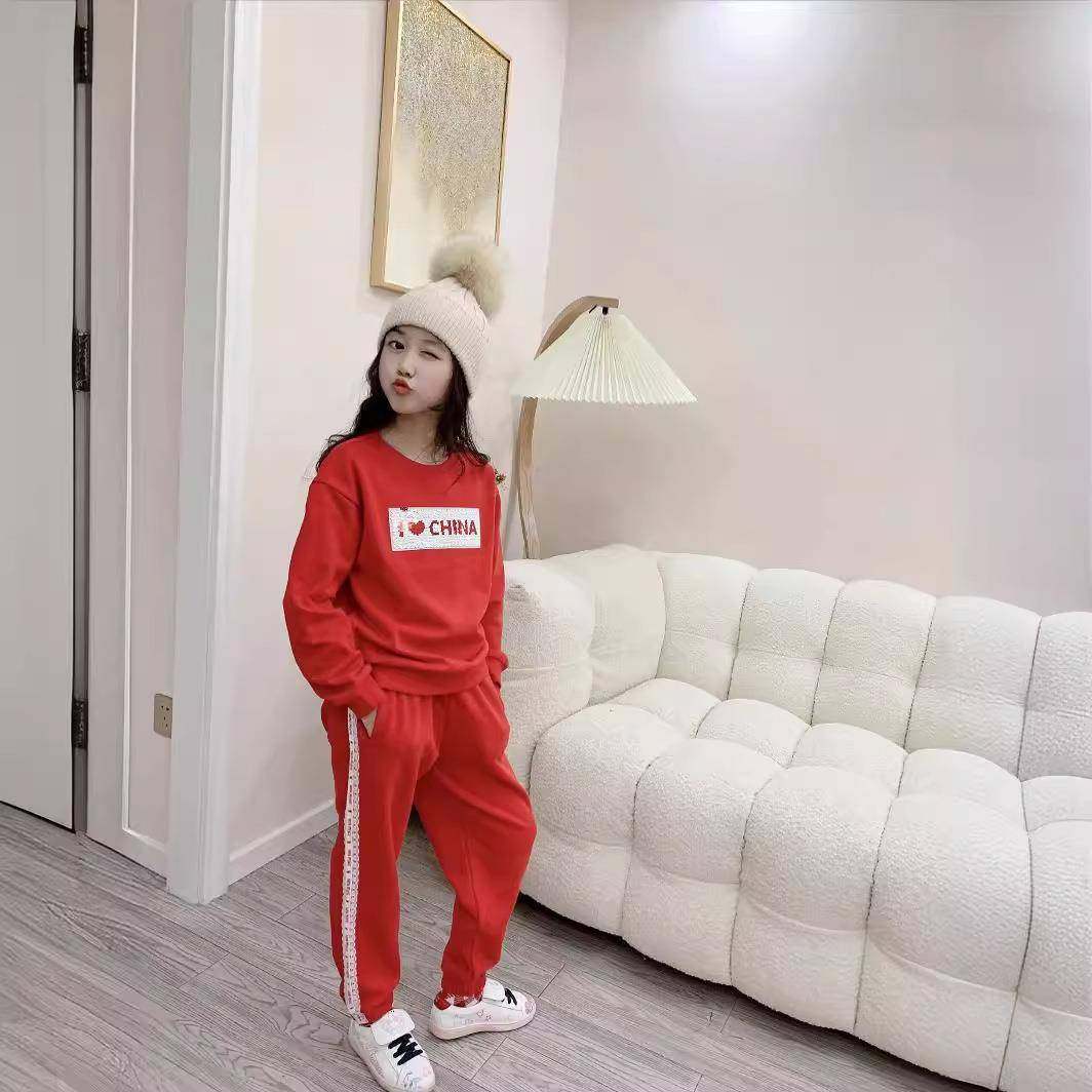 2026新款MS02春装新品英文珠片绣花红色卫衣长裤运动女童