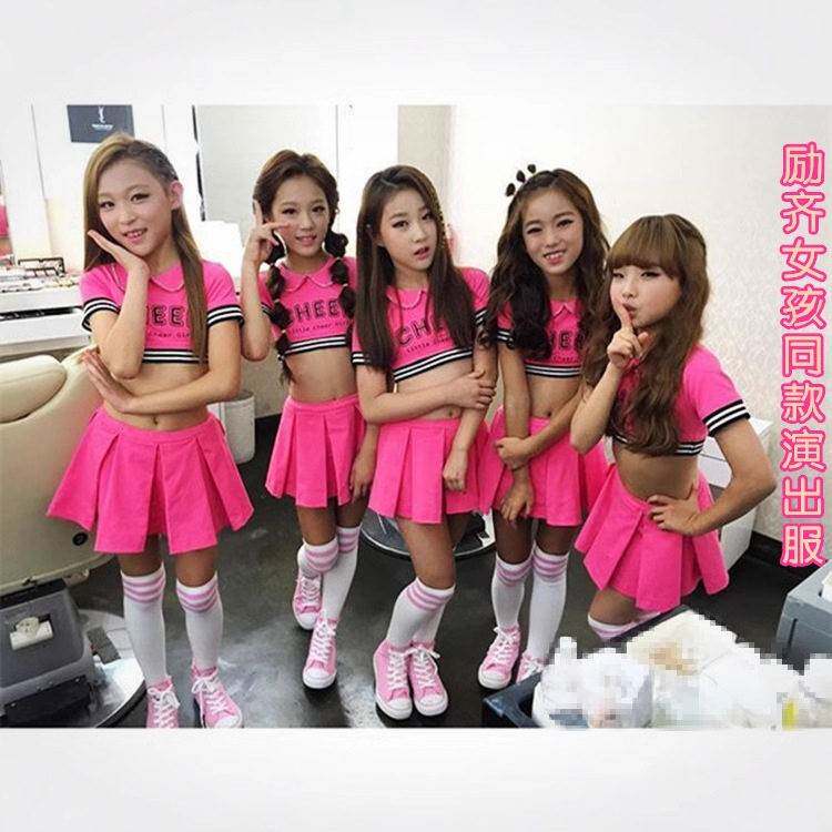 2026新款跨境儿童健美操爵士舞演出服小学生啦啦操百褶裙套装粉红