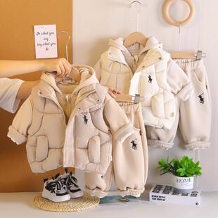 2026新款婴儿童女宝宝冬季马甲加绒加厚套装男童冬装连帽三件