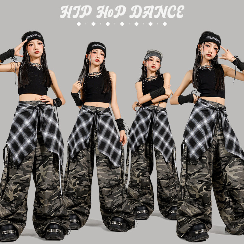 2026新款儿童爵士舞服装迷彩时髦女童黑色背心舞蹈服套装jazz