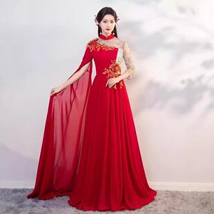 2026新款大合唱团演出服红色成人女弹古筝民乐演奏礼服主持人