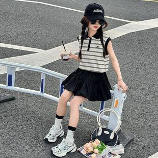 2026新款女童夏季套装夏装儿童洋气时髦女孩条纹运动风短裙两