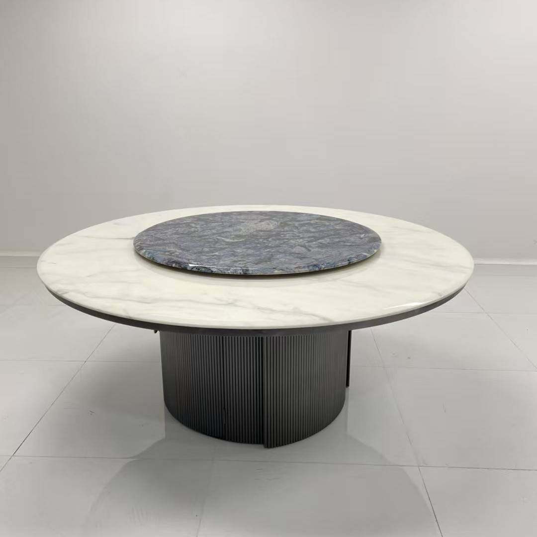 高档时尚雪山飞狐餐桌天然石餐桌意式轻奢高端大理石转盘奢石圆桌