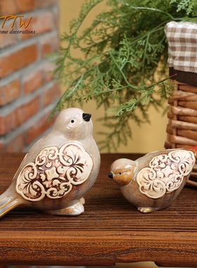 陶瓷花纹对鸟摆件 复古欧式中式怀旧花园庭院别墅桌面装饰礼品