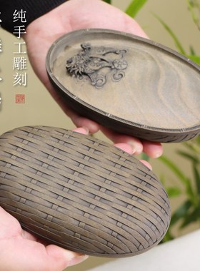 非遗歙砚麒麟献瑞黄鱼子竹编纹匠心手刻济源坑黄鱼子砚台文房四宝