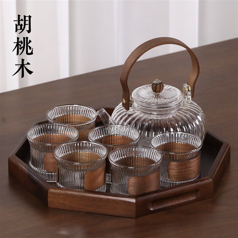 中式胡桃木玻璃茶具套装泡茶壶养生茶器复古客厅家用茶壶茶杯水杯
