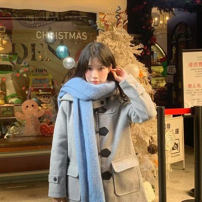 实拍 灰色连帽牛角扣短款呢子大衣女夹棉加厚新款秋冬感外套