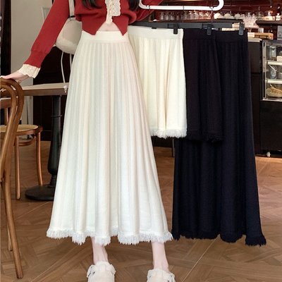大码实拍~2024秋冬新款流苏针织半身裙女高腰显廋中长款A字毛线裙