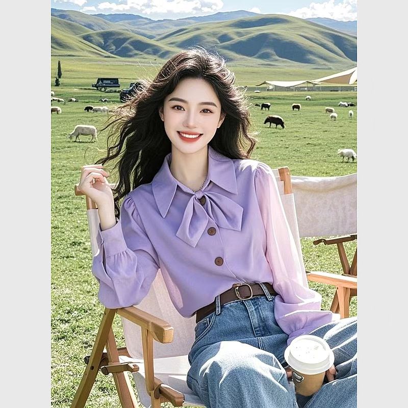 2025年秋季新款小衫超好看独特漂亮设计感减龄紫色领结长袖衬衫女